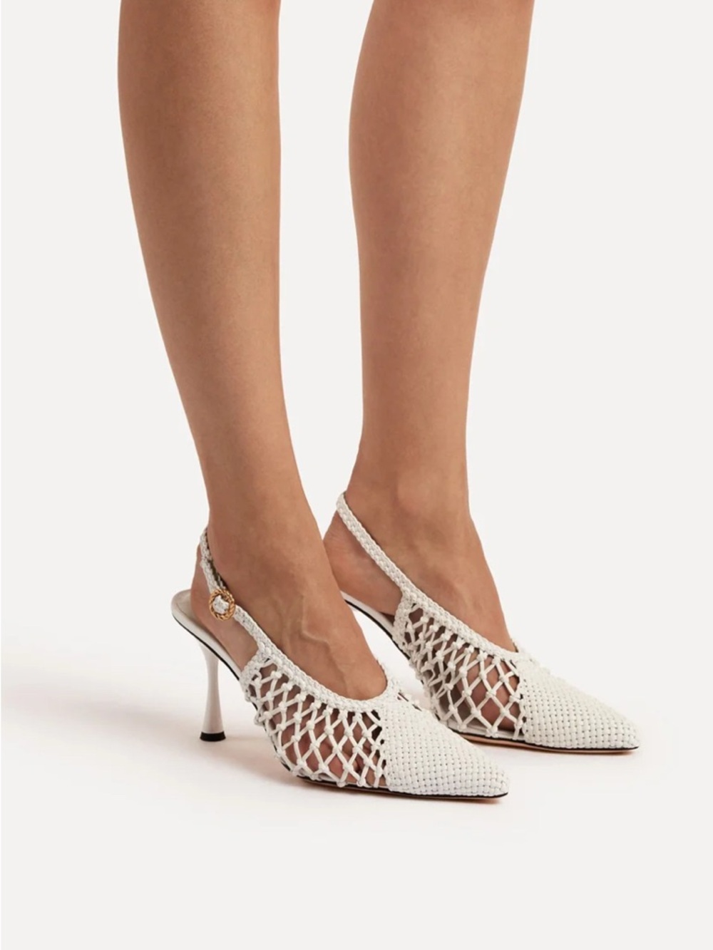 STUDIO AMELIA White Knitted Slingback Pointed-Toe Heels